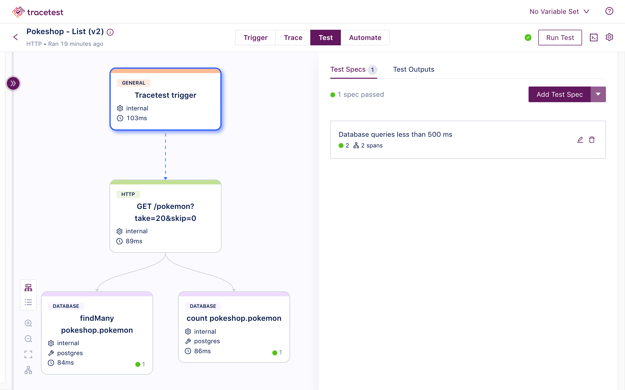 Tracetest Dashboard test run preview